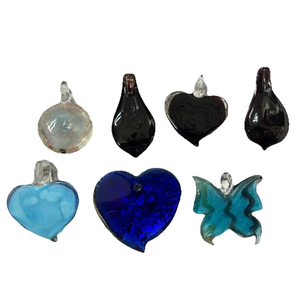 Art Glass PENDANTS (7) Handmade Artisan Flower Butterfly Millefiori Heart Shapes - Picture 2 of 16